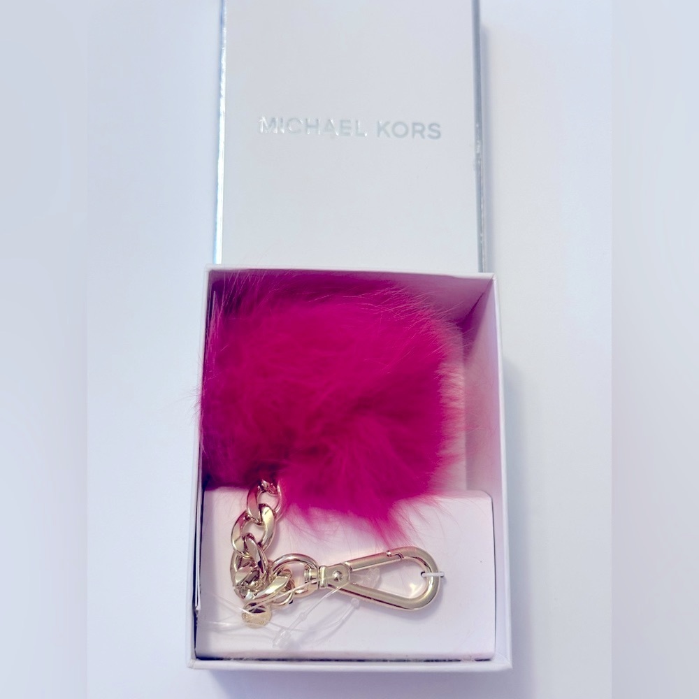 HOT PINK MICHAEL KORS KEY CHAIN/CHARM..Genuine Fox Fur. 5” long